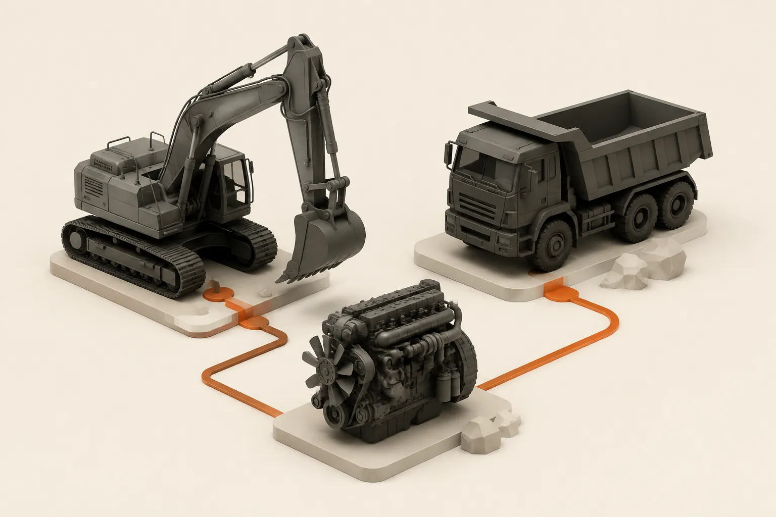 Illustration of equipment, truck and engine sourcing.